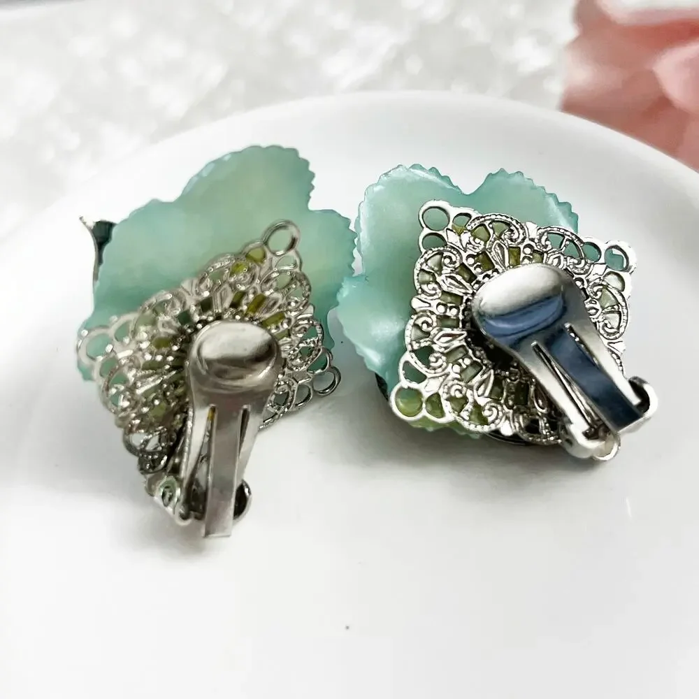 Vintage Blue Shimmer Floral Mid Century Clip Earrings